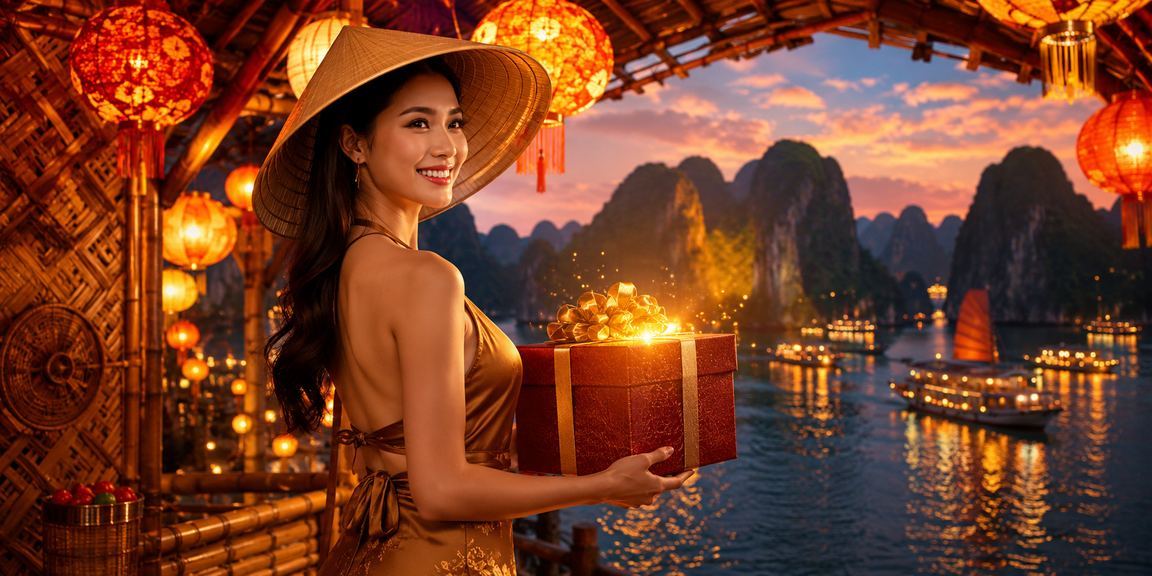 Người dùng Việt Nam trải nghiệm VIP casino trực tuyến tại vịnh Hạ Long với nón lá truyền thống