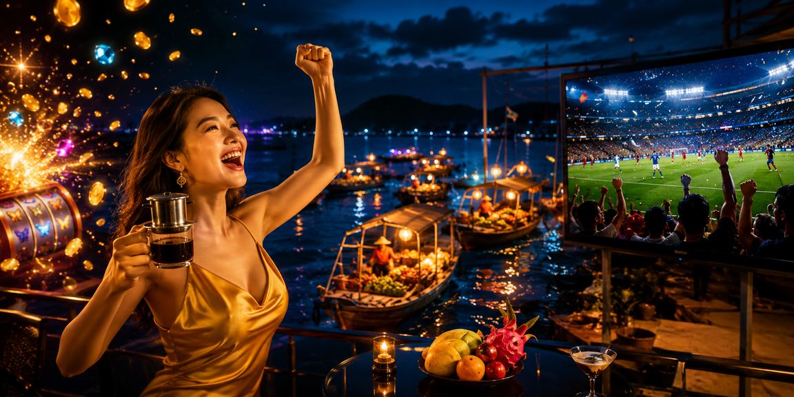 Người chơi slot game tại Phú Quốc trong không gian quán cà phê ven biển buổi chiều